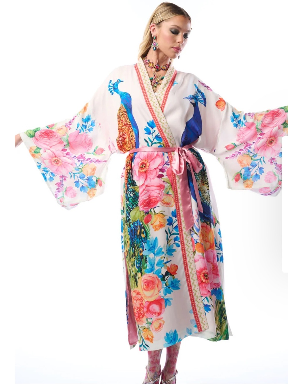 Floral Peacock Satin Kimono Robe - Pink